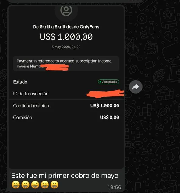 Comprobante de un cobro de 1.000 dólares recibido por Skrill desde OnlyFans, con el mensaje de la creadora diciendo que fue su primer cobro de mayo.