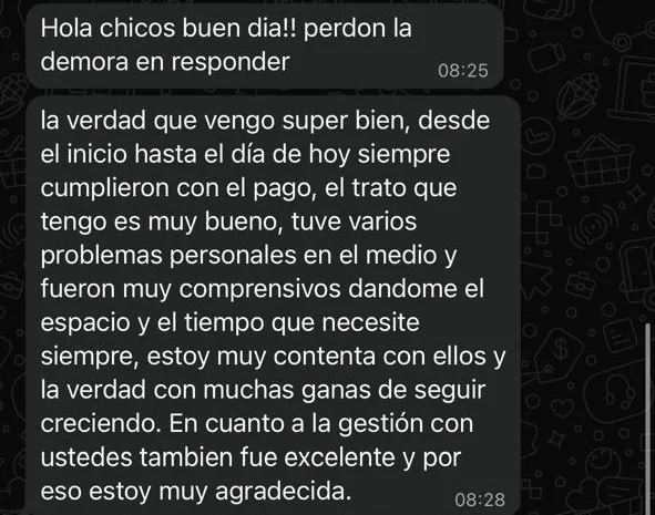 Mensaje de WhatsApp de una creadora contando que siempre le cumplieron con el pago y que fueron comprensivos ante sus problemas personales.